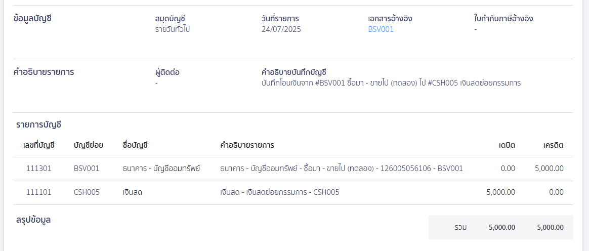 ตัวอย่างการบันทึกบัญชีตอนโอนไปเงินสดย่อย