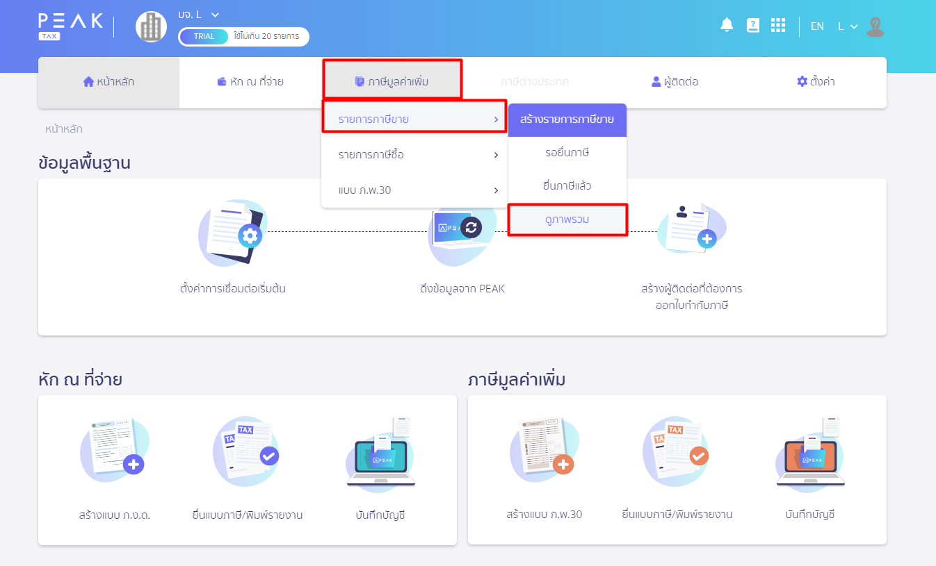 พิมพ์รายงานใบกำกับภาษีขาย คลิกเลือกเมนูภาษีมูลค่าเพิ่ม รายการภาษีขาย กดดูภาพรวม ใน PEAK TAX