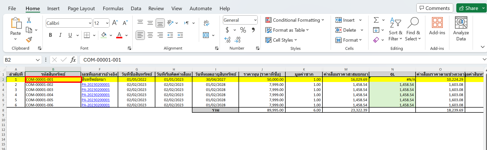 ตัวอย่างรายงานสินทรัพย์ ใน Excel