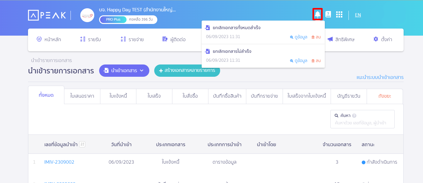 ระบบจะแสดงการแจ้งเตือนที่ไอคอนกระดิ่งว่ายกเลิกเอกสารไม่สำเร็จ ใน PEAK
