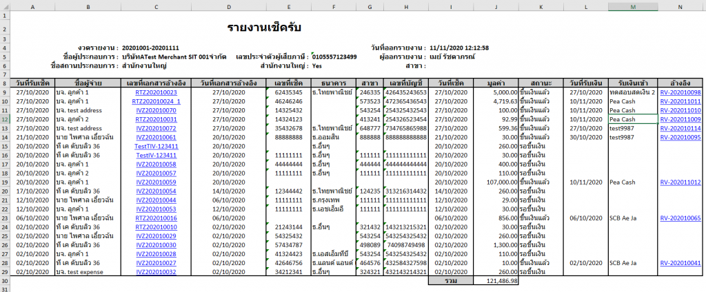 ตัวอย่างหน้ารายงานเช็ครับใน Excel