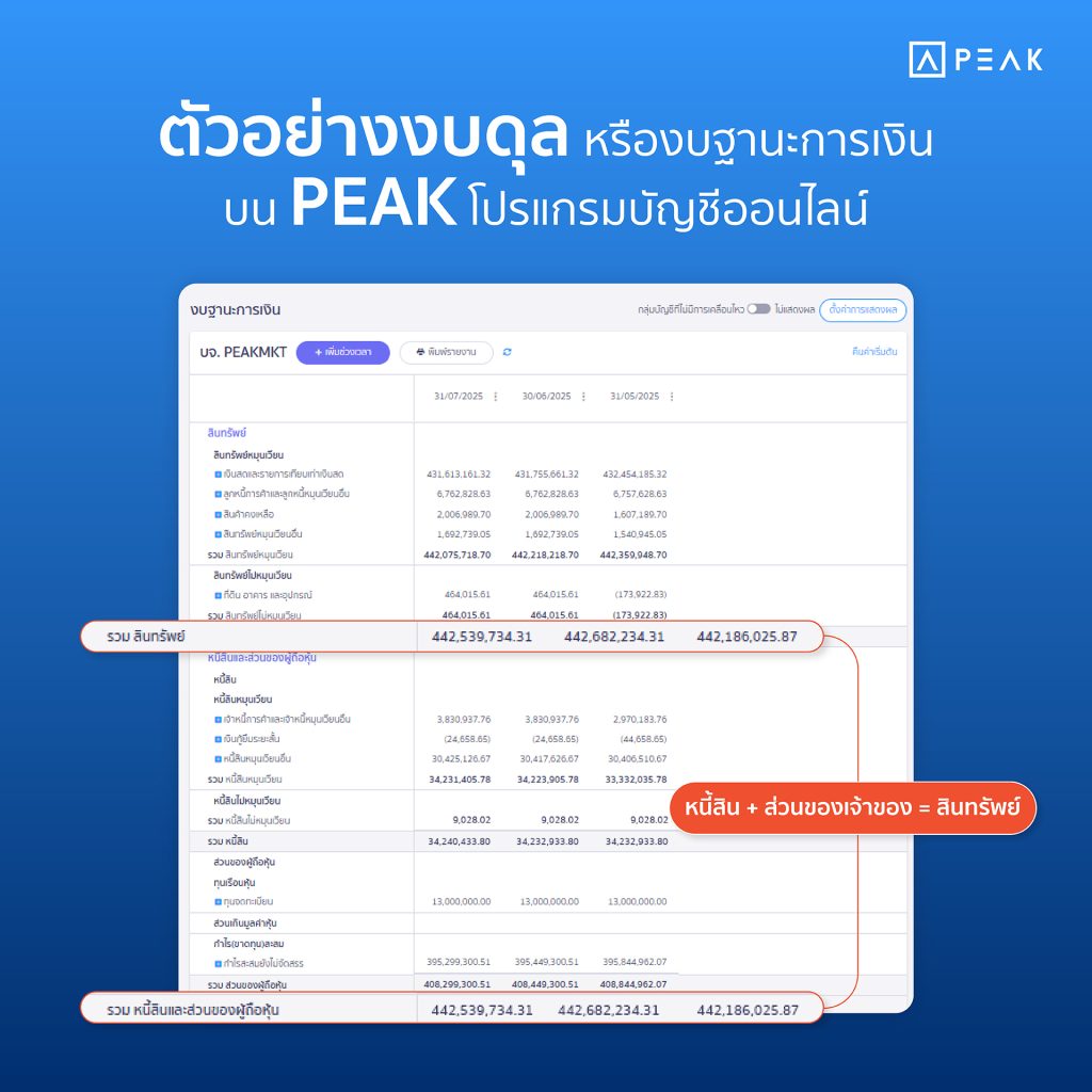  งบฐานะการเงิน งบดุล ตัวอย่าง หน้าตาบนโปรแกรม PEAK