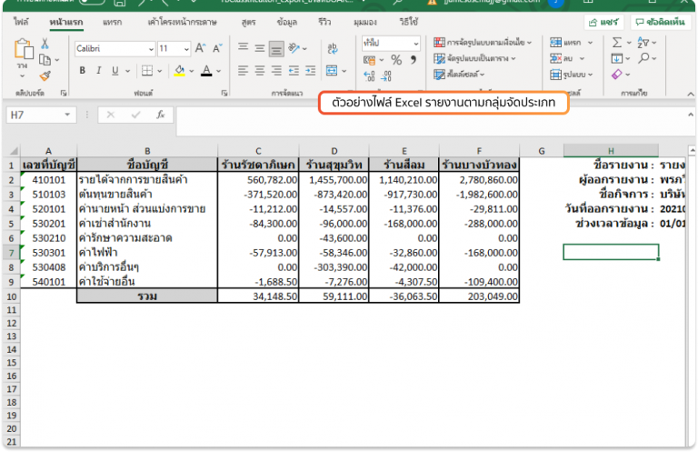 ตัวอย่างไฟล์ Excel รายงานตามกลุ่มจัดประเภท