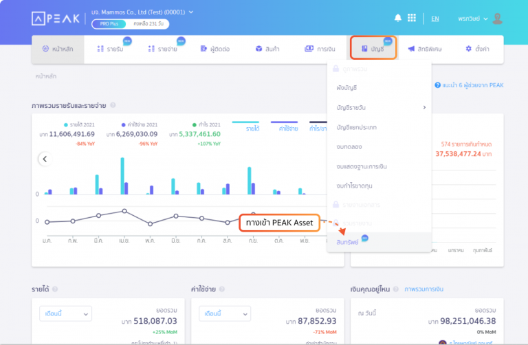 ทางเข้า PEAK Asset ในเมนูสินทรัพย์