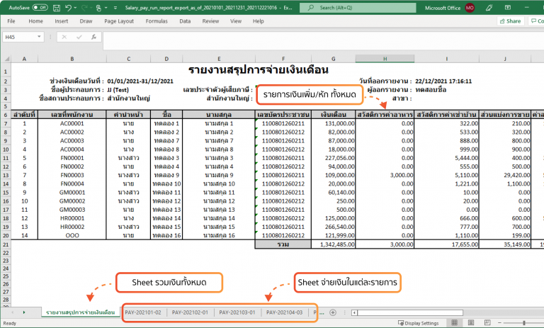 ตัวอย่างรายงานสรุปจ่ายเงินเดือน