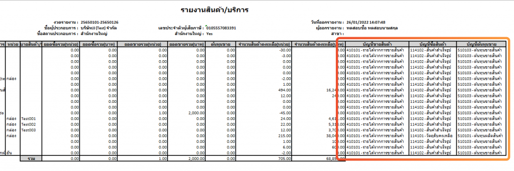 ไฟล์ Excel แสดงบัญชีที่ผูกสินค้า/บริการ