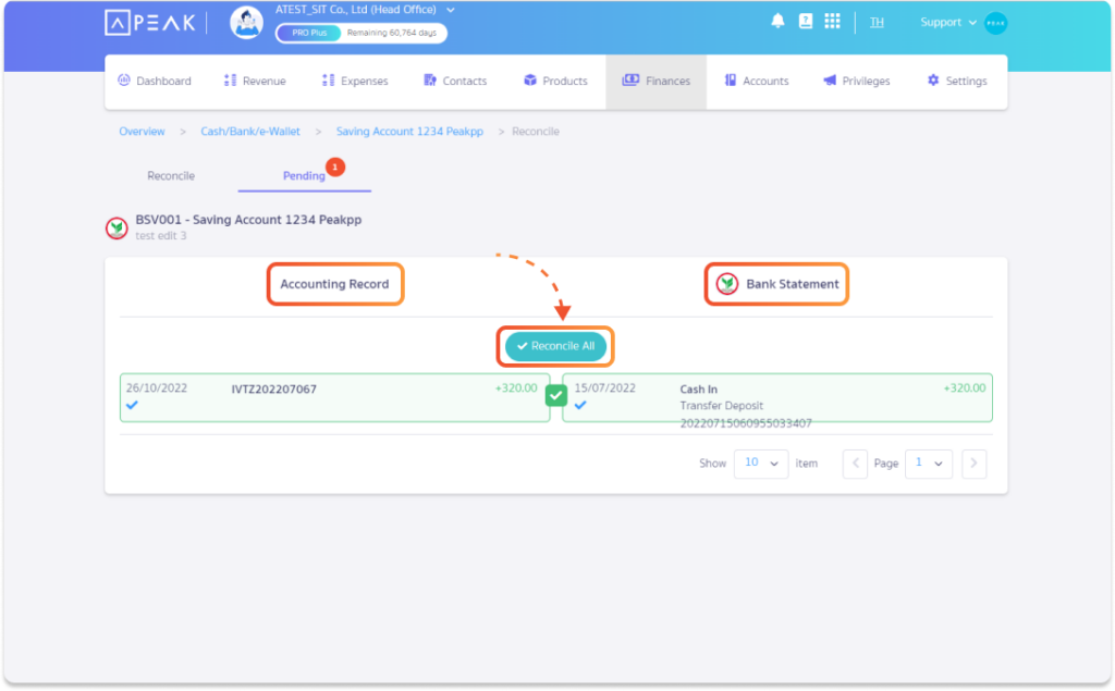 Bank reconciliation confirmation page