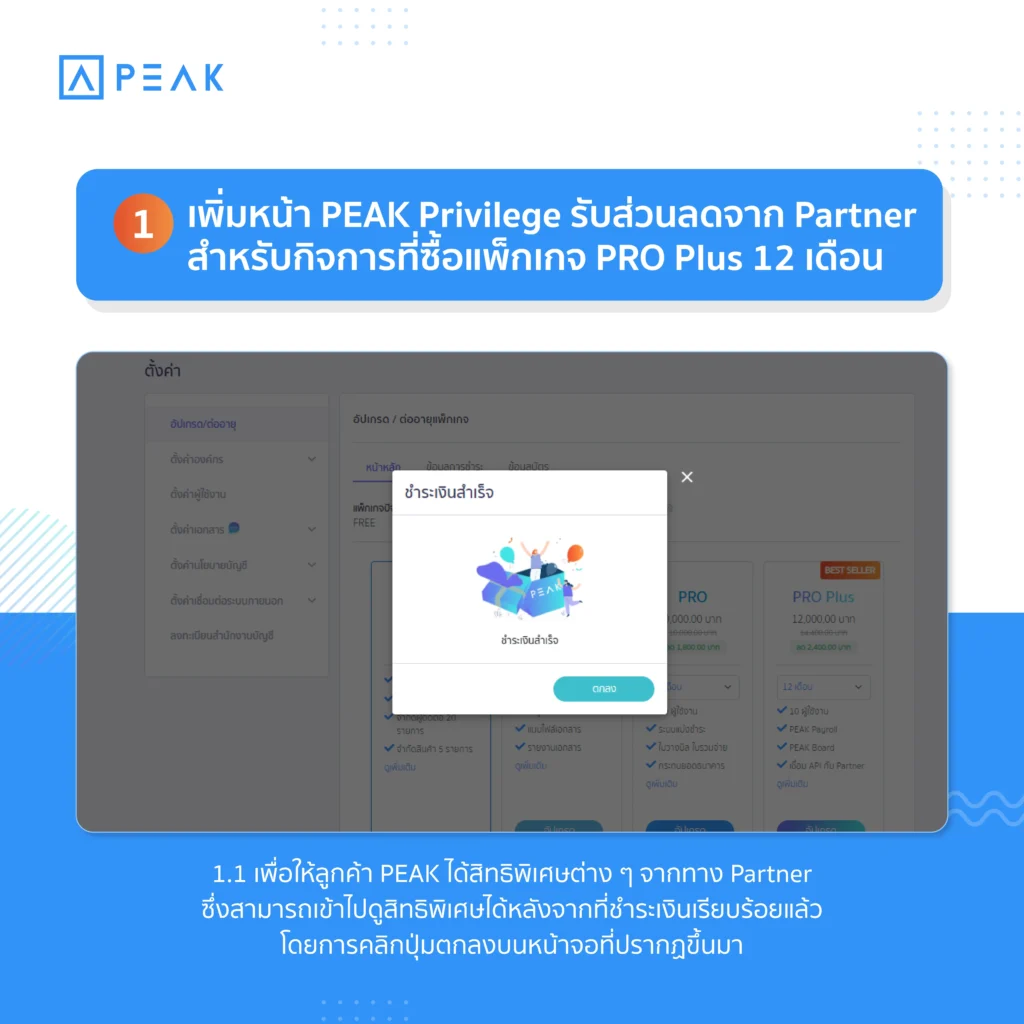 เพิ่มหน้า PEAK Privilege รับส่วนลดจาก Partner
สำหรับกิจการที่ซื้อแพ็กเกจ PRO Plus 12 เดือน