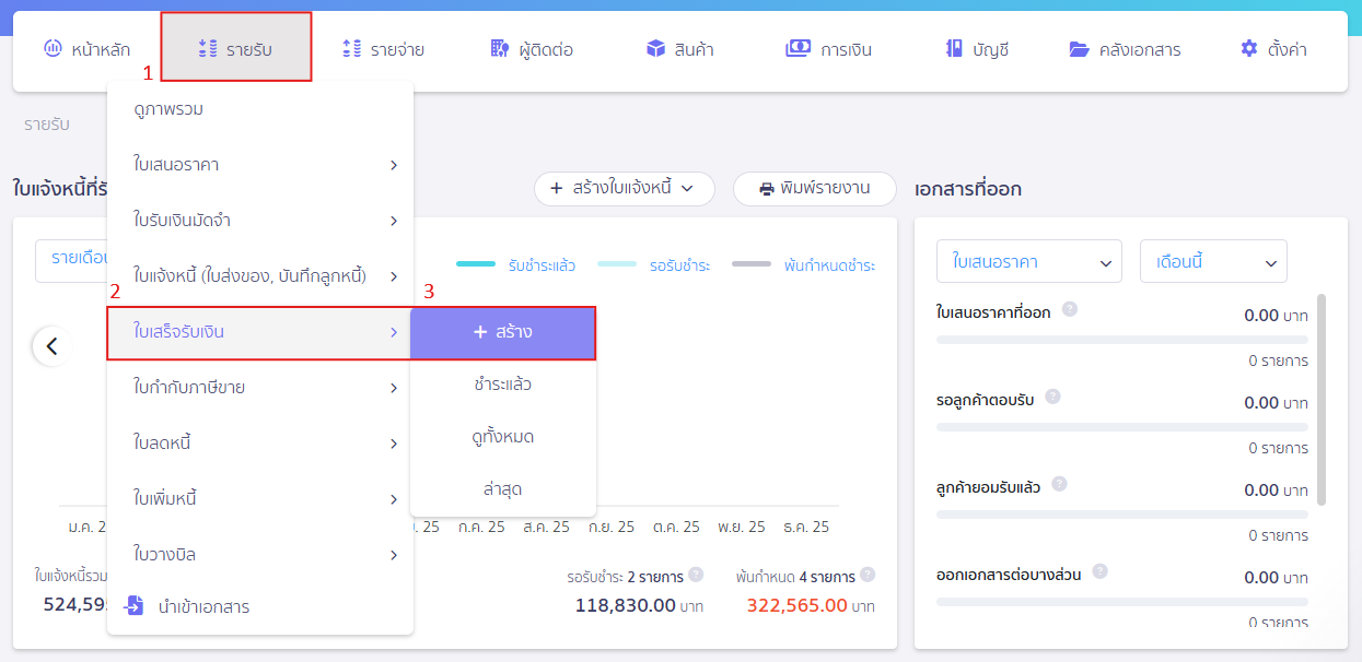ขั้นตอนการสร้างใบเสร็จรับเงินด้วย PEAK