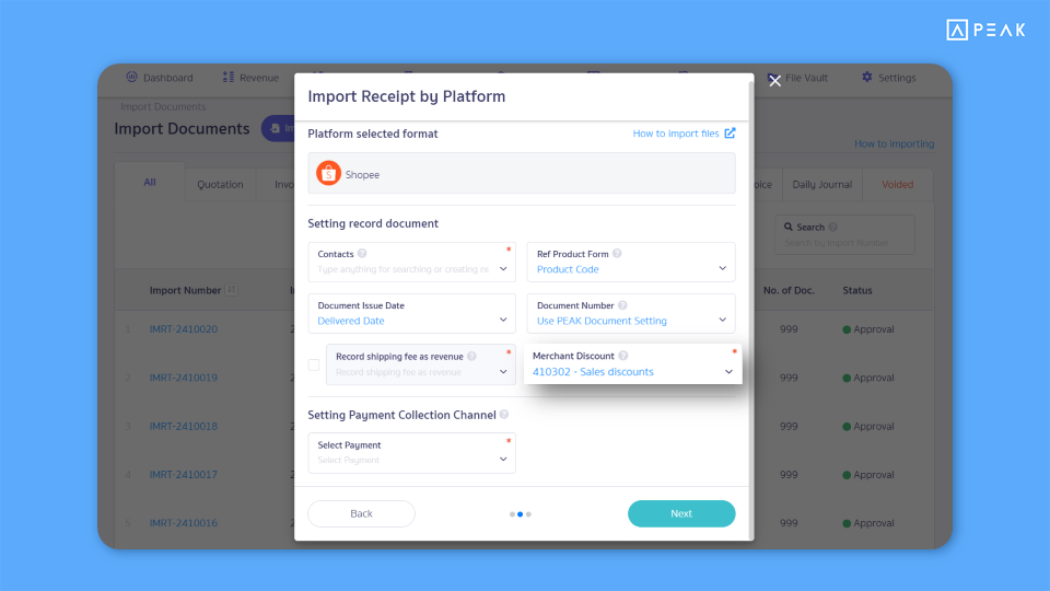 Add a field to select the 'Merchant Discount' chart of accounts on the e-Commerce