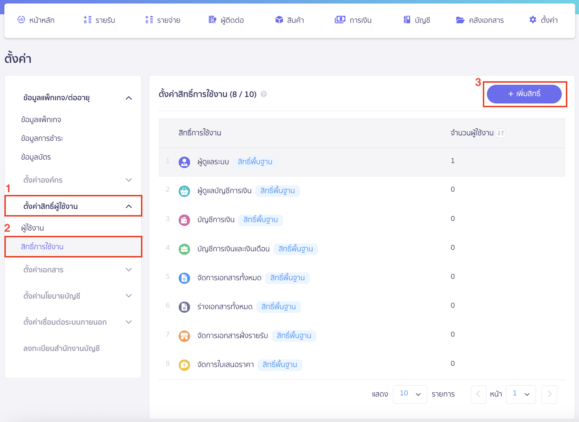 adding-deleting-users-in-business-5 การจัดการผู้ใช้งาน ไปที่เมนูตั้งค่า > เลือก ตั้งค่าสิทธิ์ผู้ใช้งาน > สิทธิ์การใช้งาน > คลิกปุ่ม "เพิ่มสิทธิ์"