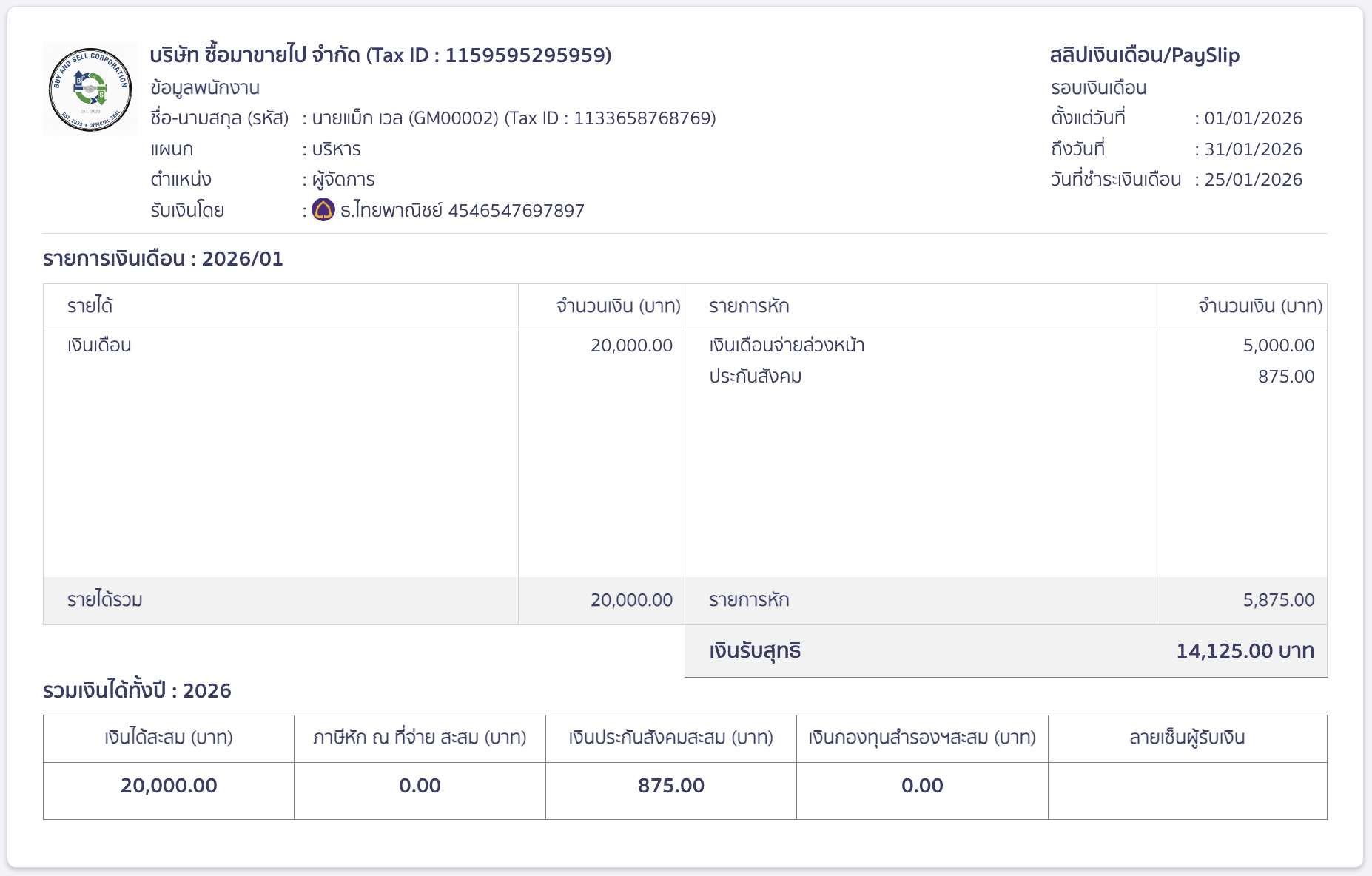 ตัวอย่างข้อมูลการลงบันทึกบัญชี (กรณีไม่ได้ตั้งค้างจ่าย)