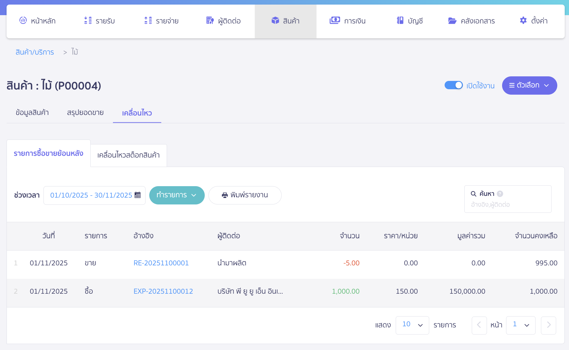 applying-new-peak-production-line-14 ตัวอย่างหน้ารายงานเคลื่อนไหวสต็อกสินค้าวัตถุดิบ