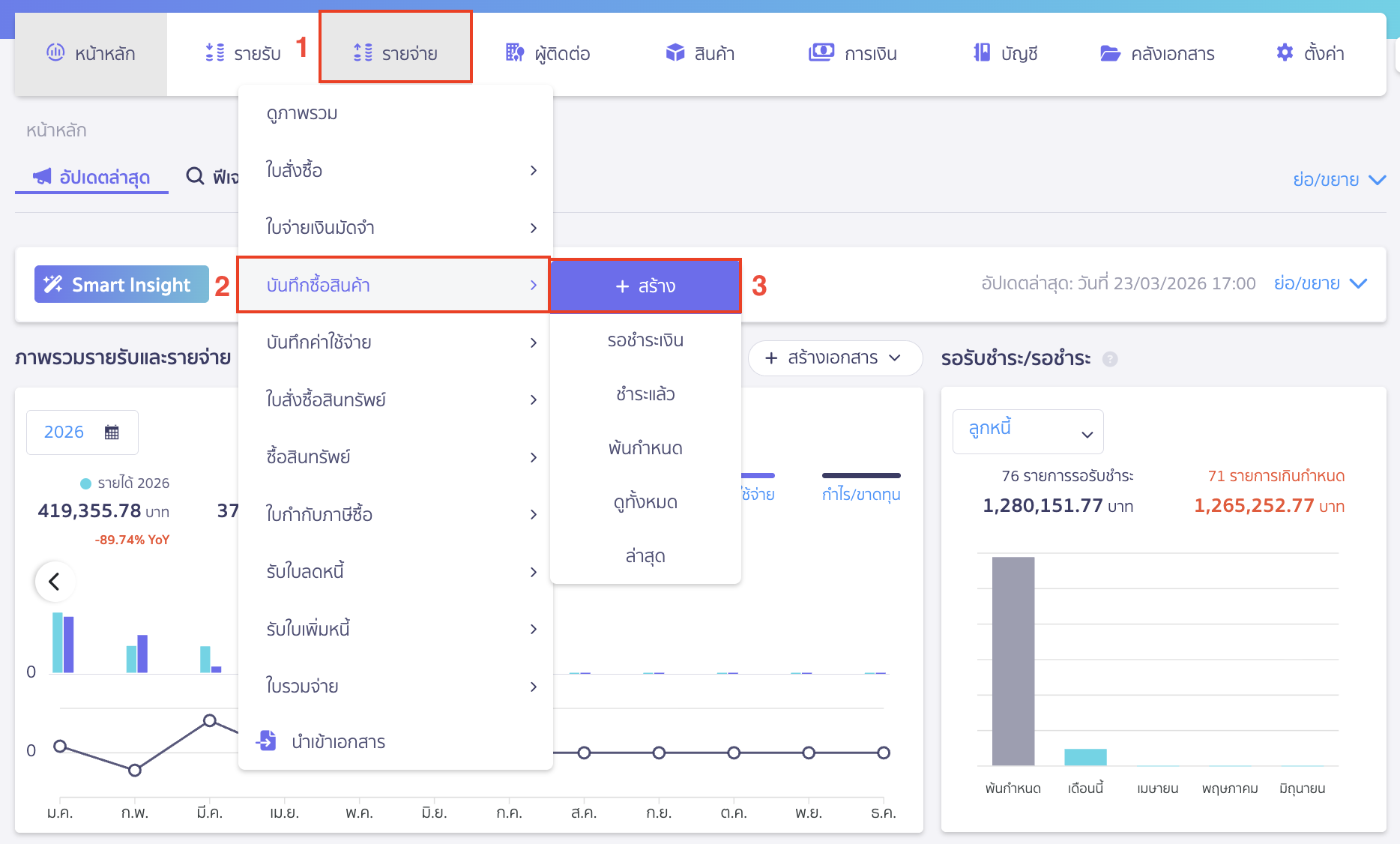 applying-new-peak-production-line-2 การประยุกต์ใช้งานสายผลิต เข้าที่เมนูรายจ่าย > บันทึกซื้อสินค้า > สร้าง