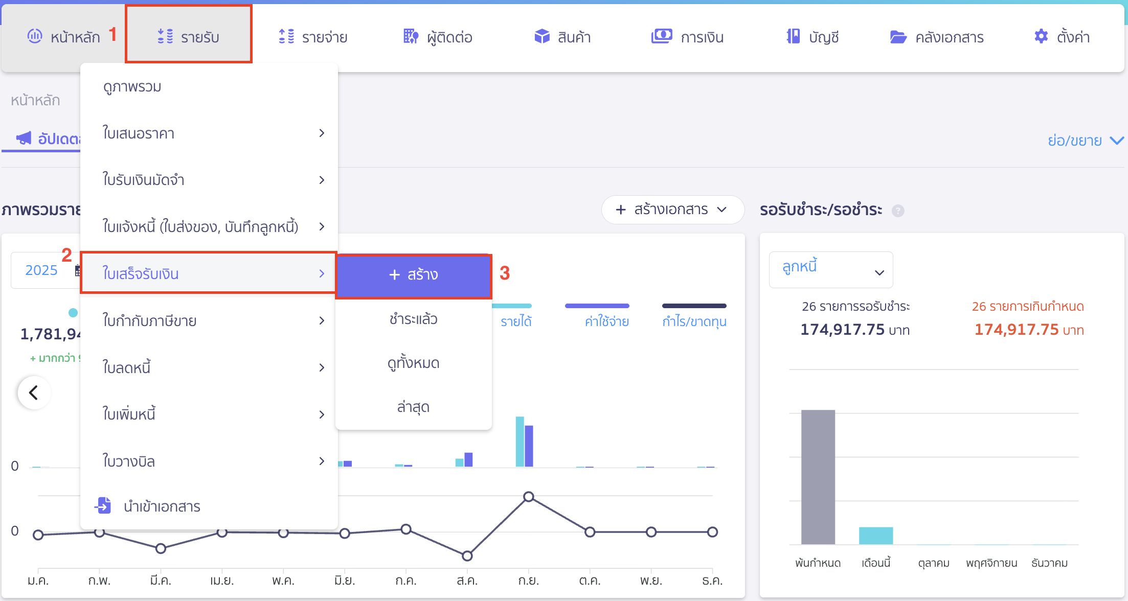 barcode-scanner-usage-4 การใช้งานเครื่องยิงบาร์โค้ดเพื่อบันทึกขายสินค้า ไปที่เมนูรายรับ > เลือกเอกสารที่ต้องการสร้าง (เช่น ใบเสนอราคา, ใบแจ้งหนี้, ใบเสร็จรับเงิน เป็นต้น) > สร้าง