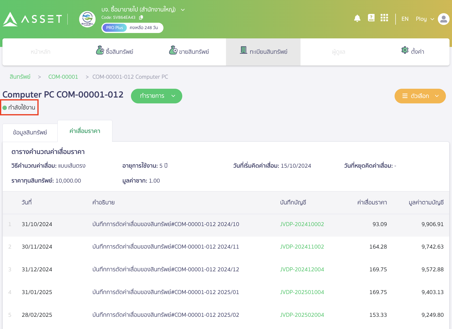 ยกเลิกเอกสารขายสินทรัพย์ เมื่อยกเลิกเอกสารขายสินทรัพย์นั้นแล้ว สถานะของสินทรัพย์เปลี่ยนจากขายแล้วเป็น กำลังใช้งาน