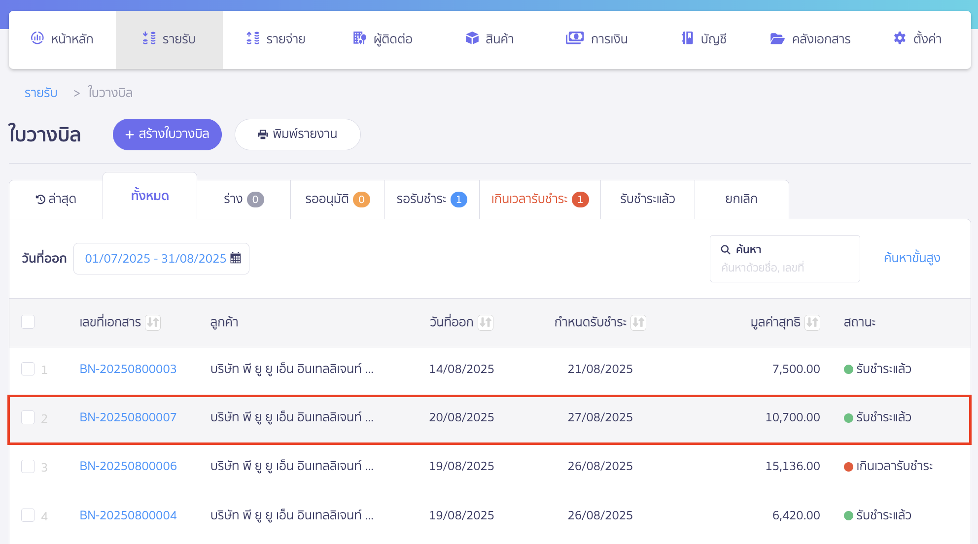ยกเลิกใบวางบิล เลือกใบวางบิลที่ต้องการยกเลิก สถานะรับชำระแล้ว