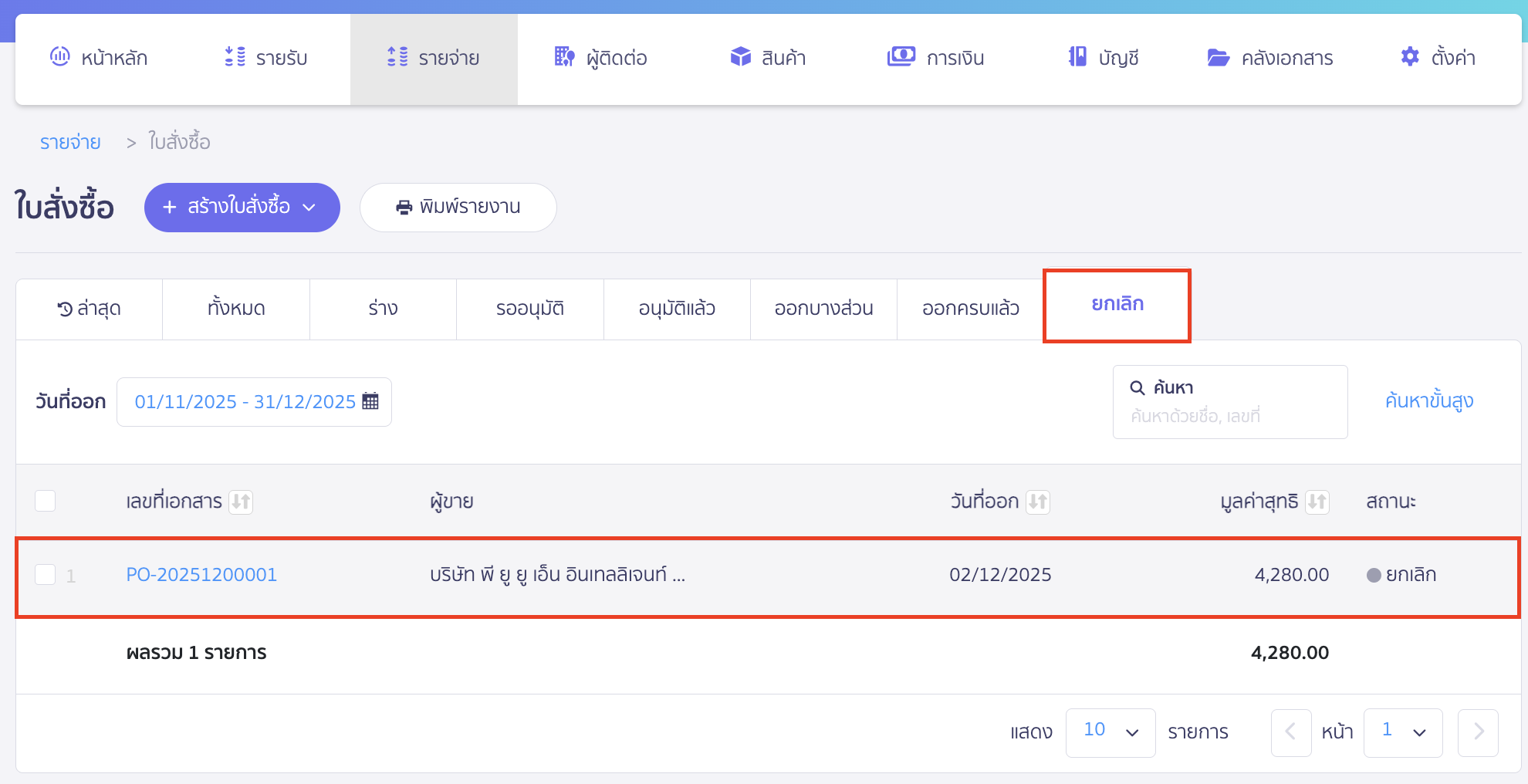cancel-purchase-order-not-recorded-expense-5 เมื่อกดยกเลิกเอกสารแล้ว เอกสารจะย้ายเข้าไปอยู่ในสถานะ "ยกเลิก" และจะไม่สามารถลบออกจากระบบได้