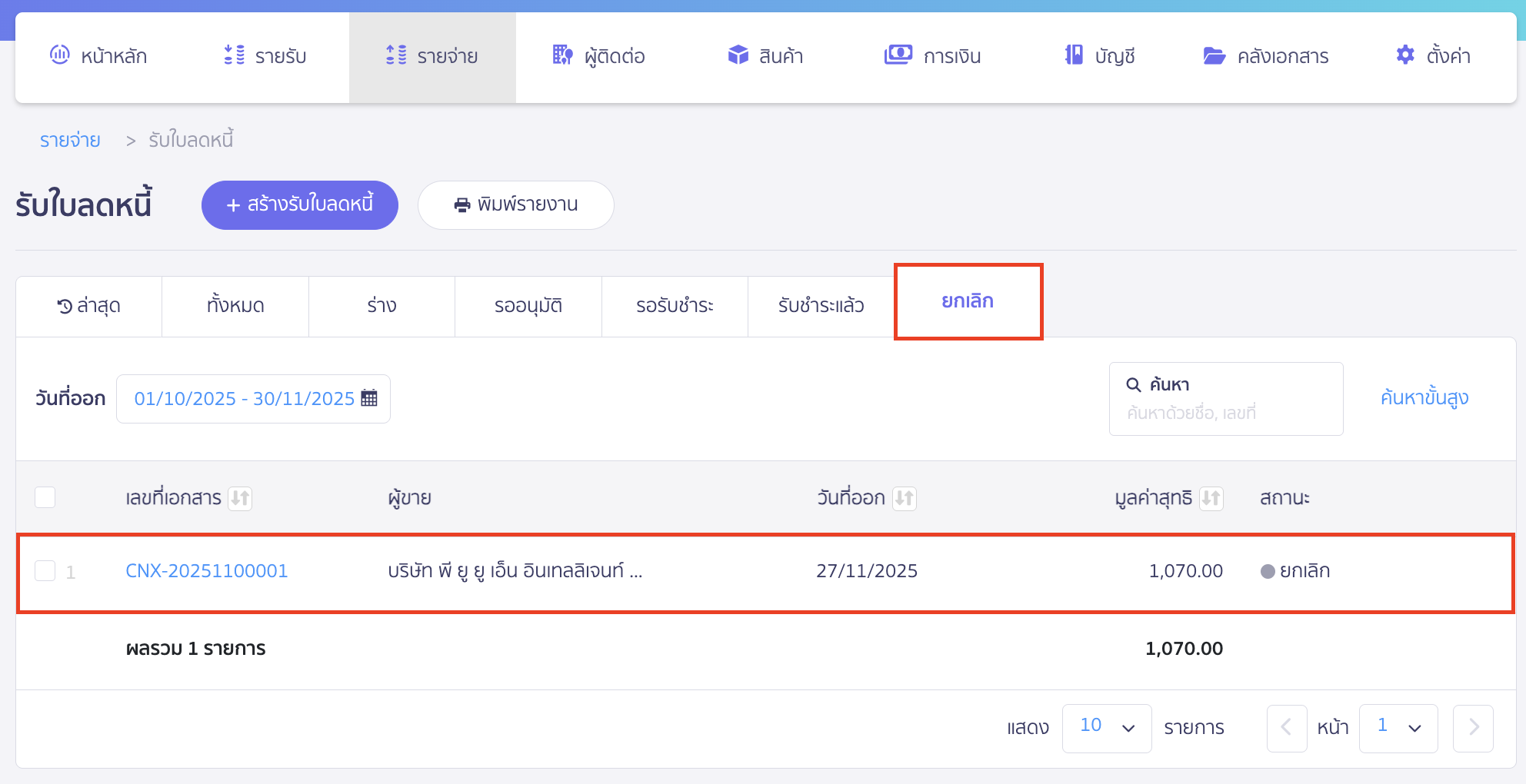 เอกสารรับใบลดหนี้ที่ถูกยกเลิกแล้ว จะแสดงอยู่ที่แถบยกเลิก