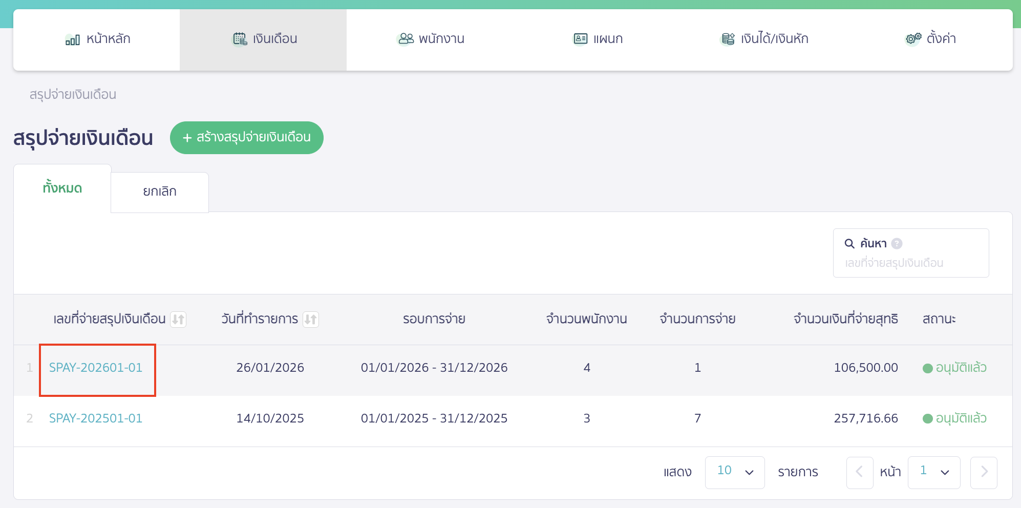 ยกเลิกการจ่ายเงินเดือน เลือกสรุปจ่ายเงินเดือนที่ต้องการยกเลิก