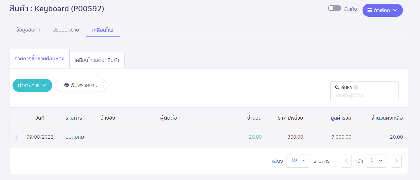 ตัวอย่างสินค้าที่ทำการบันทึกยอดยกมา ใน PEAK