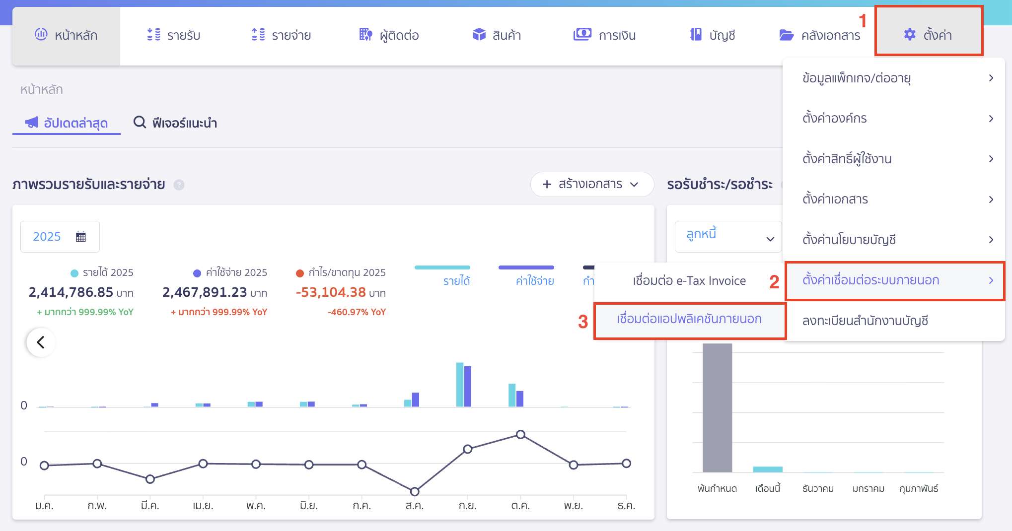 ตรวจสอบรายการออเดอร์ไม่ดึงข้อมูลมาที่ PEAK เมื่อเชื่อมต่อ Page365 โดยไปที่เมนูตั้งค่า > ตั้งค่าเชื่อมต่อระบบภายนอก > เชื่อมต่อแอปพลิเคชันภายนอก