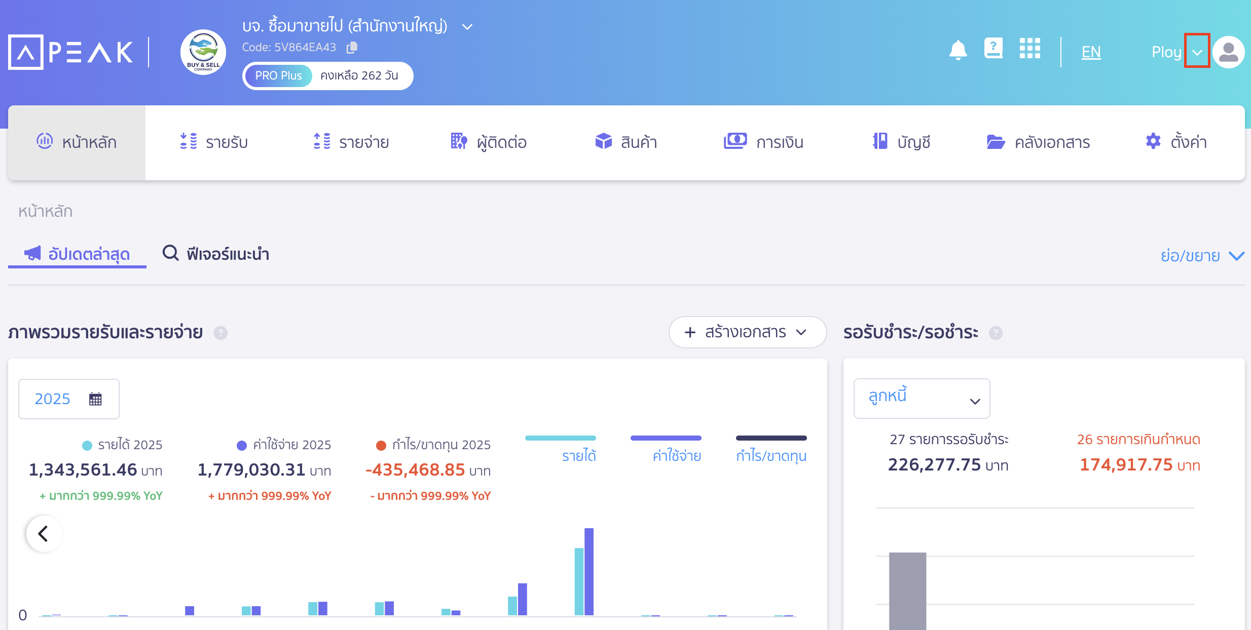 ตรวจสอบสิทธิ์ การใช้งาน คลิกที่เครื่องหมาย Dropdown ที่อยู่ด้านหลังชื่อผู้ใช้งานด้านบนขวา