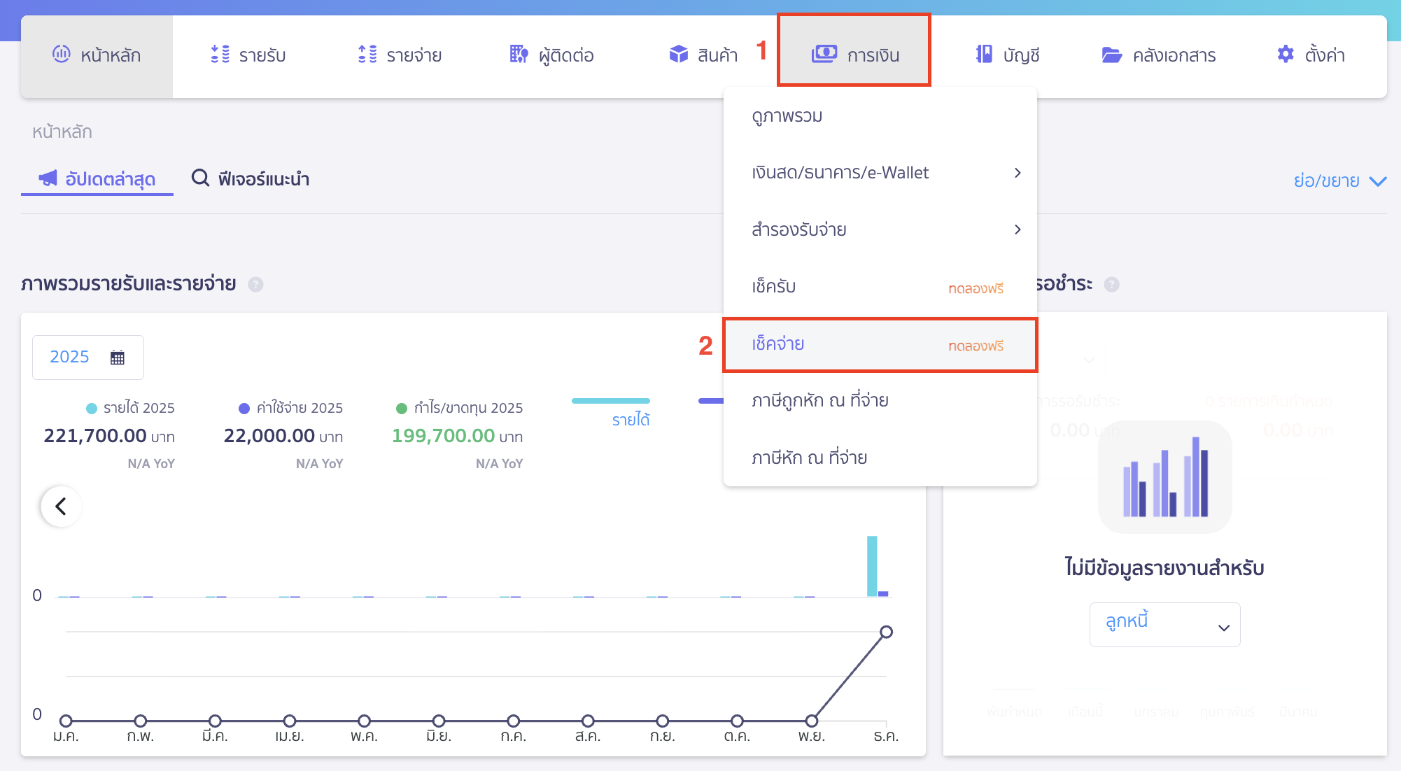 นำเช็คจ่ายไปตัดเงิน ไปที่เมนูการเงิน > เช็คจ่าย