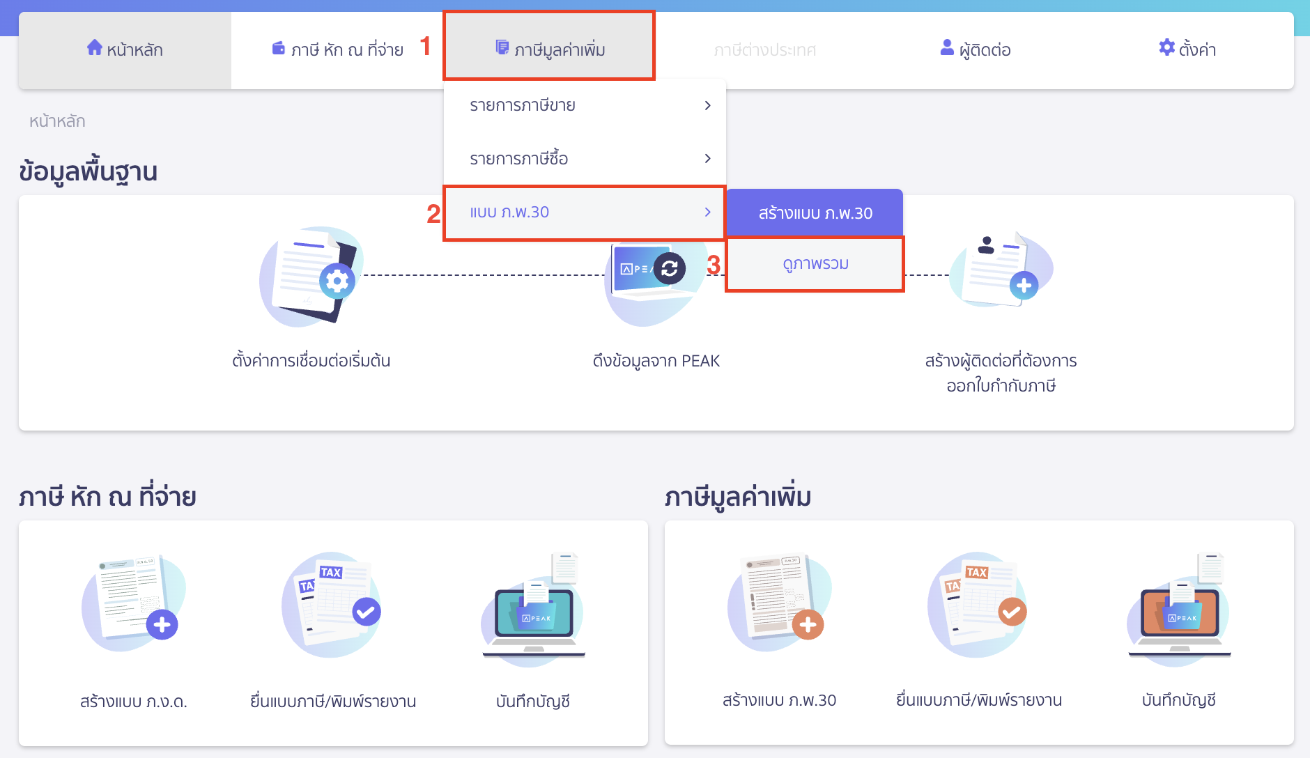 claiming-tax-credit-cross-month-pp30-peak-tax-1 เคลมภาษีซื้อ ข้ามเดือน โดยไปที่เมนูภาษีมูลค่าเพิ่ม > แบบ ภ.พ.30 > ดูภาพรวม