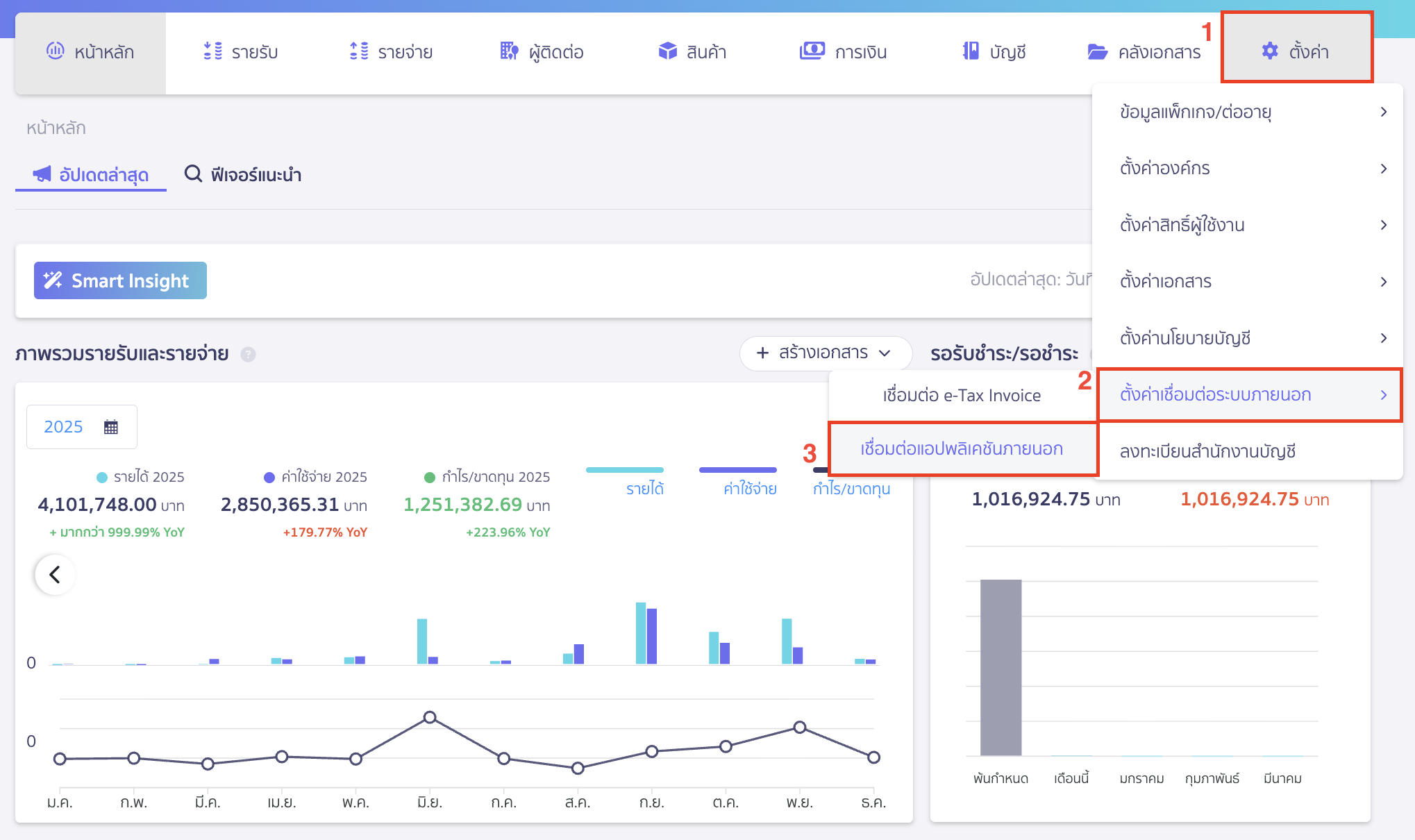 เชื่อมต่อ PEAK กับ BentoWeb ไปที่เมนูตั้งค่า > ตั้งค่าเชื่อมต่อระบบภายนอก > เชื่อมต่อแอปพลิเคชันภายนอก