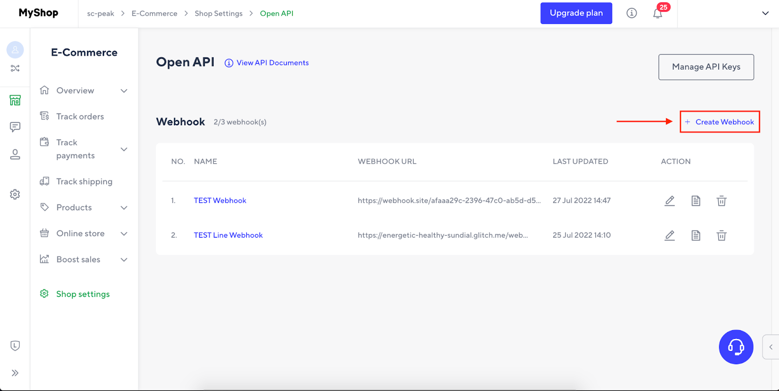 กดที่ “+ Create Webhook” ใน LINE Shopping