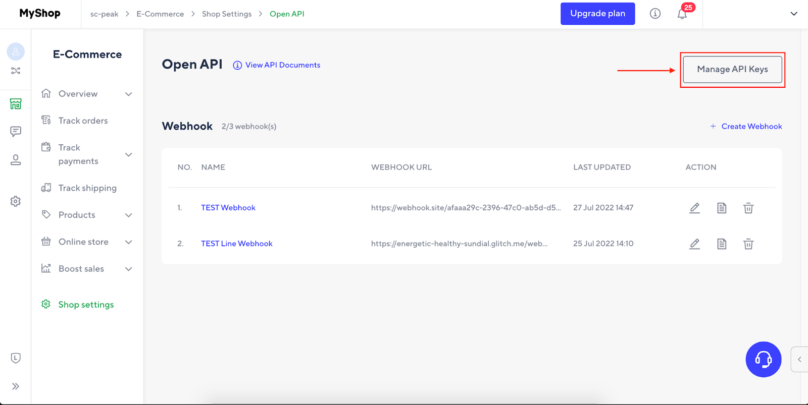 สมัครใช้ PEAK เชื่อมต่อ LINE Shopping กดที่ “Manage API Keys” ใน LINE Shopping