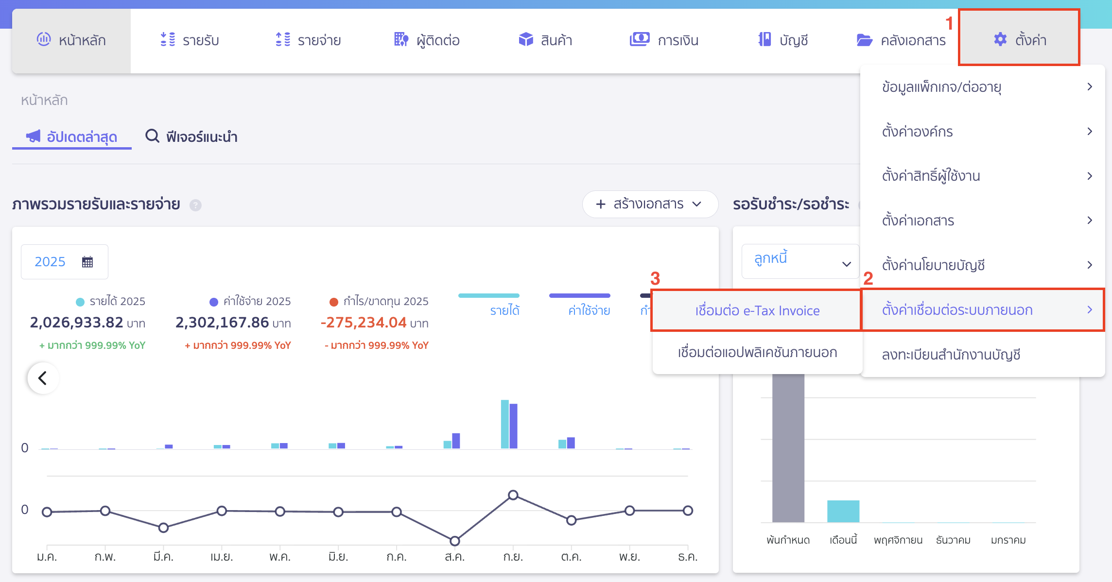 เชื่อมต่อ e-Tax Invoice & e-Receipt ผ่านผู้ให้บริการ INET ไปที่เมนูตั้งค่า