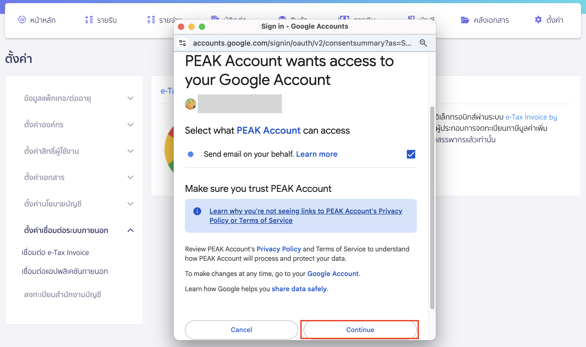 connecting-etax-invoice-by-time-stamp-6 จะเข้ามาที่หน้าขอ access ให้คลิกปุ่ม "Continue"