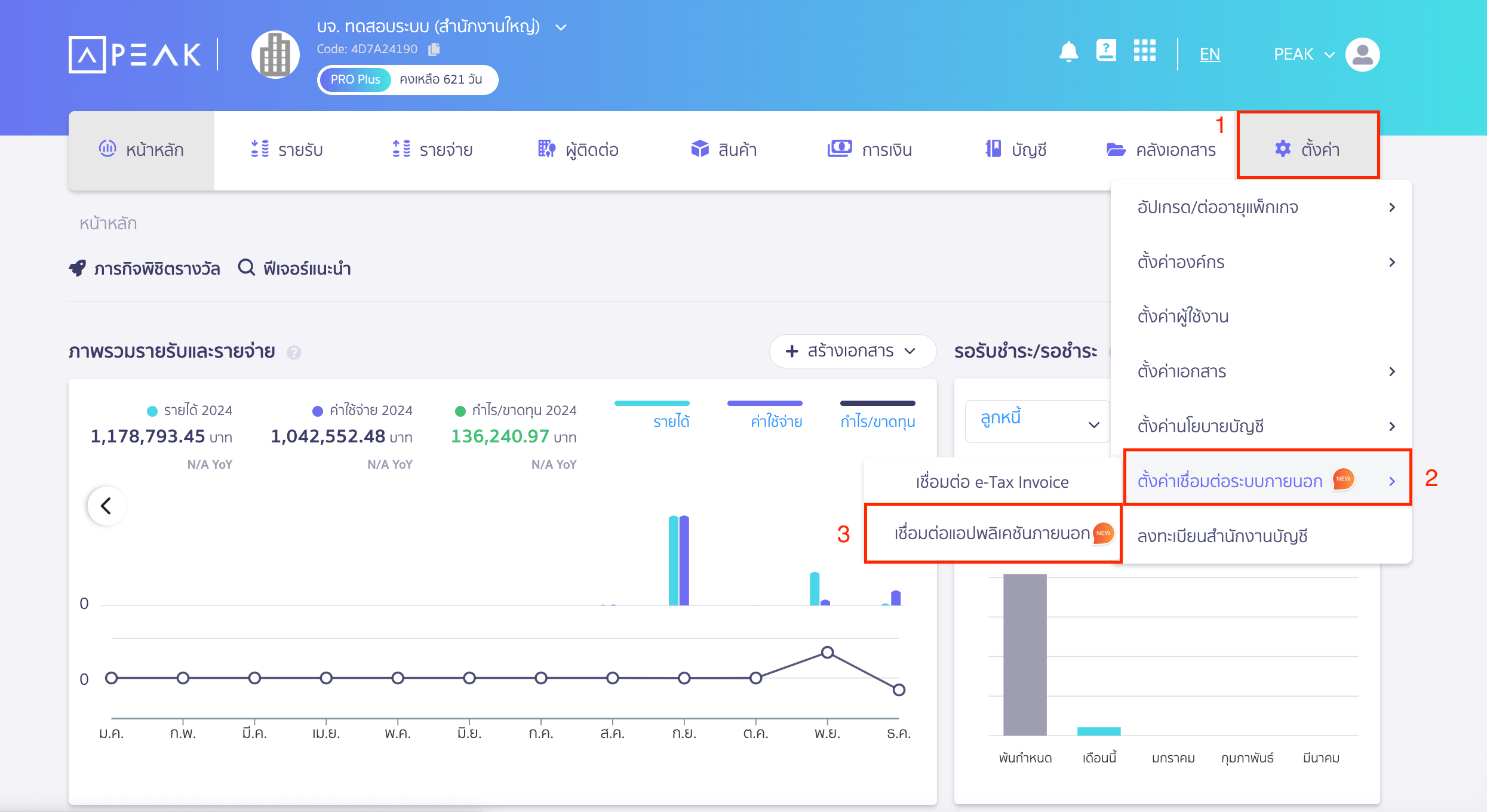 เชื่อมต่อ PEAK x JUBILI ไปที่เมนูตั้งค่า ตั้งค่าเชื่อมต่อระบบภายนอก เชื่อมต่อแอปพลิเคชันภายนอก ใน PEAK