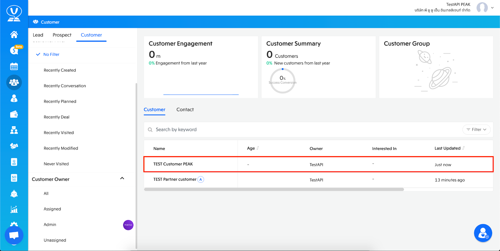 ข้อมูลของ Customer ที่เราสร้างปรากฏอยู่ในหน้าภาพรวม ใน Venio