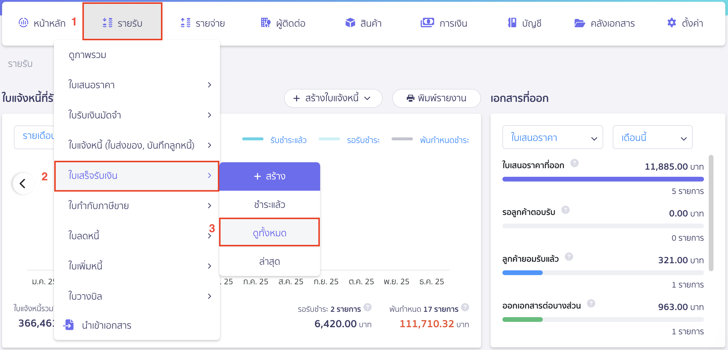 สร้างใบเสร็จรับเงิน แบบรายปี ไปที่เมนูรายรับ