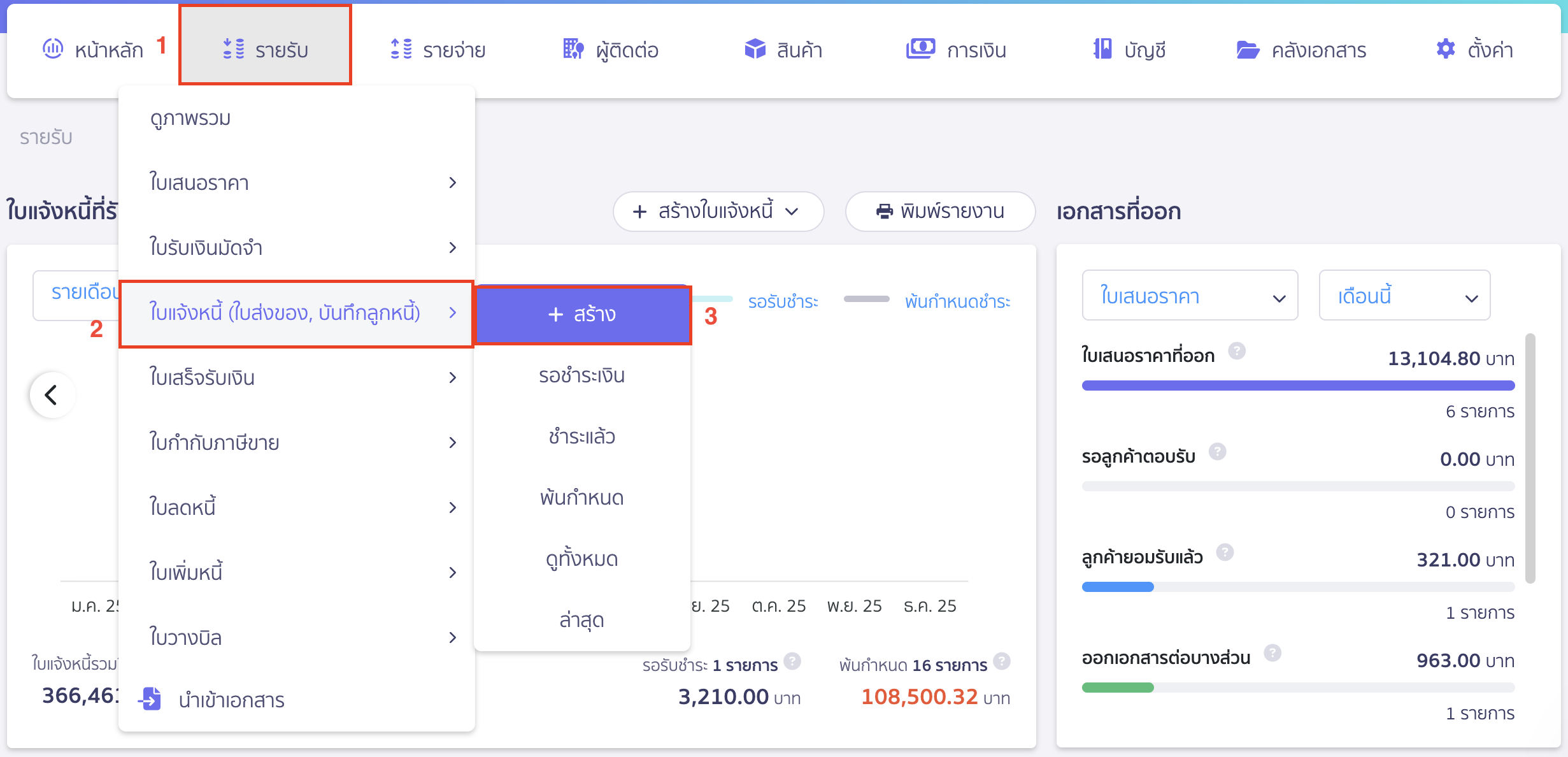 create-invoice-tax-invoice-1 สร้างใบแจ้งหนี้/ใบกำกับภาษี โดยไปที่เมนูรายรับ