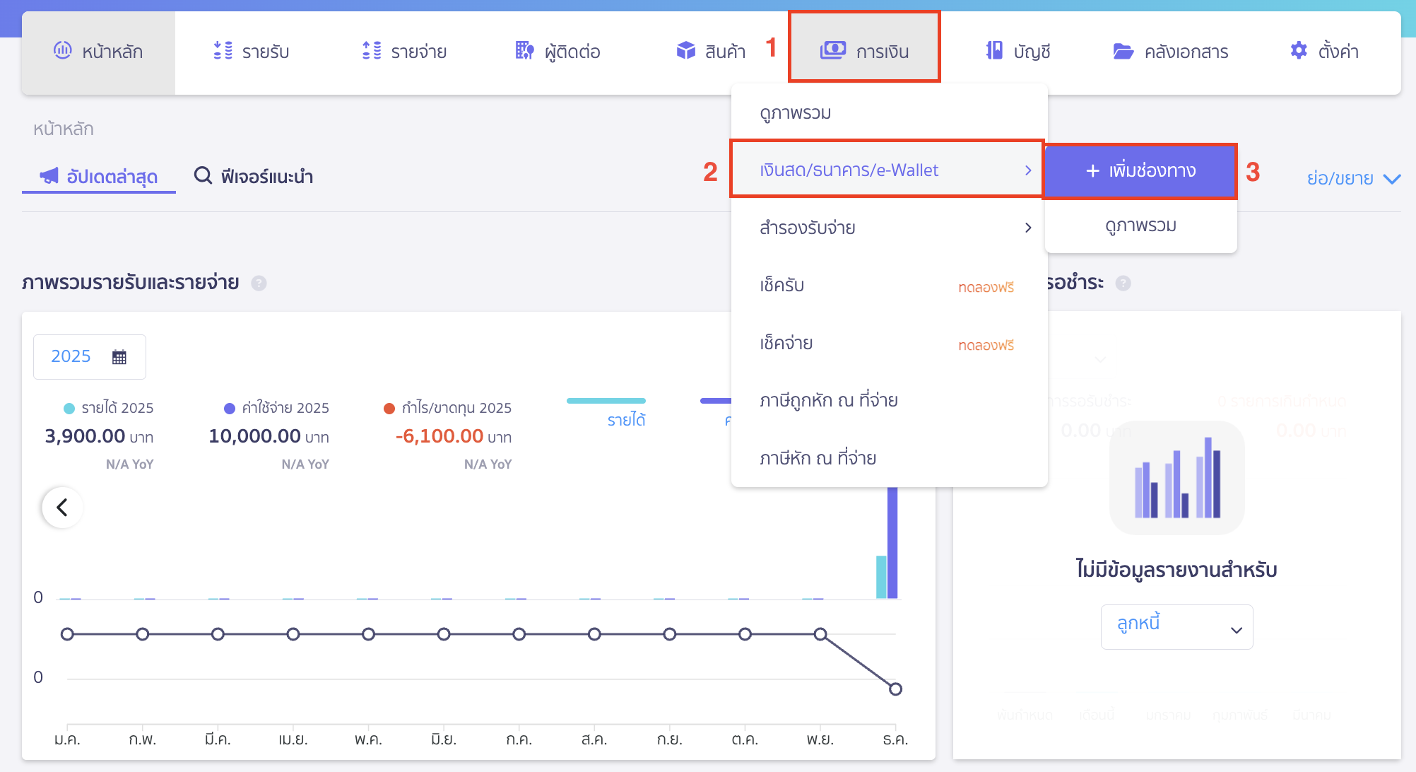 creating-bank-account-type-1 สร้างบัญชีธนาคารแต่ละประเภท ไปที่เมนูการเงิน > เงินสด/ธนาคาร/e-Wallet > เพิ่มช่องทาง