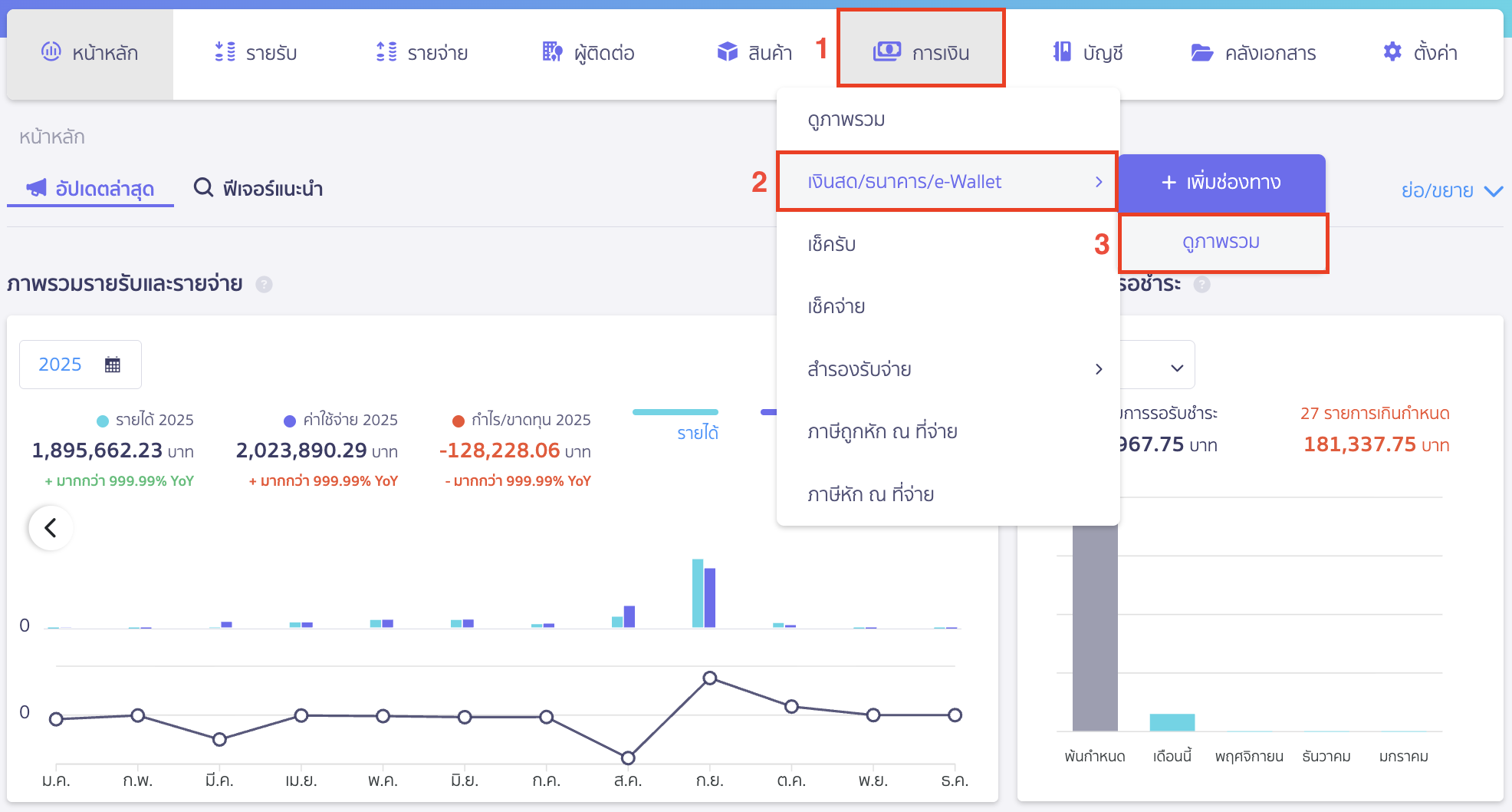 สร้างรายการเคลื่อนไหวธนาคาร ไปที่เมนูการเงิน > เงินสด/ธนาคาร/e-Wallet > ดูภาพรวม