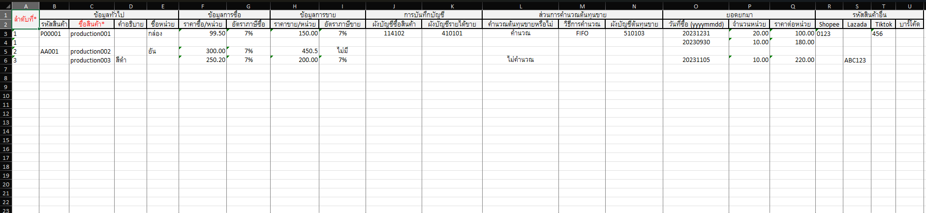 กรอกรายละเอียดสินค้า ใน template ใน PEAK