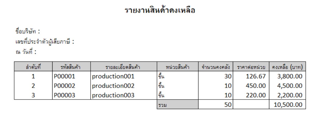 ตัวอย่างรายงานสินค้าคงเหลือ สำหรับบันทึกจำนวนสินค้าคงเหลือยกมา
