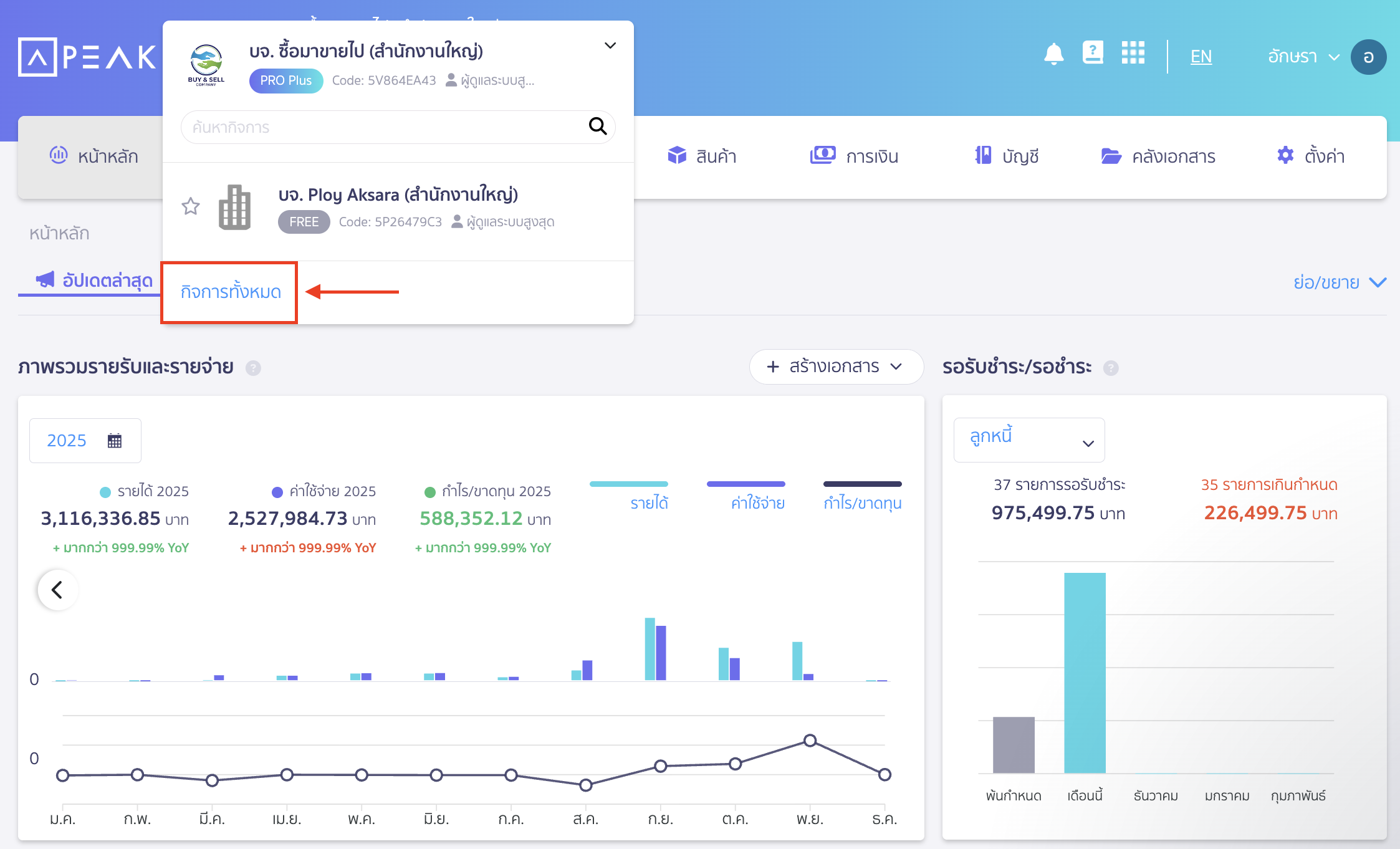 creating-new-business-on-new-peak-2 สร้างกิจการใหม่ คลิกปุ่ม "กิจการทั้งหมด" เพื่อ สร้างกิจการใหม่