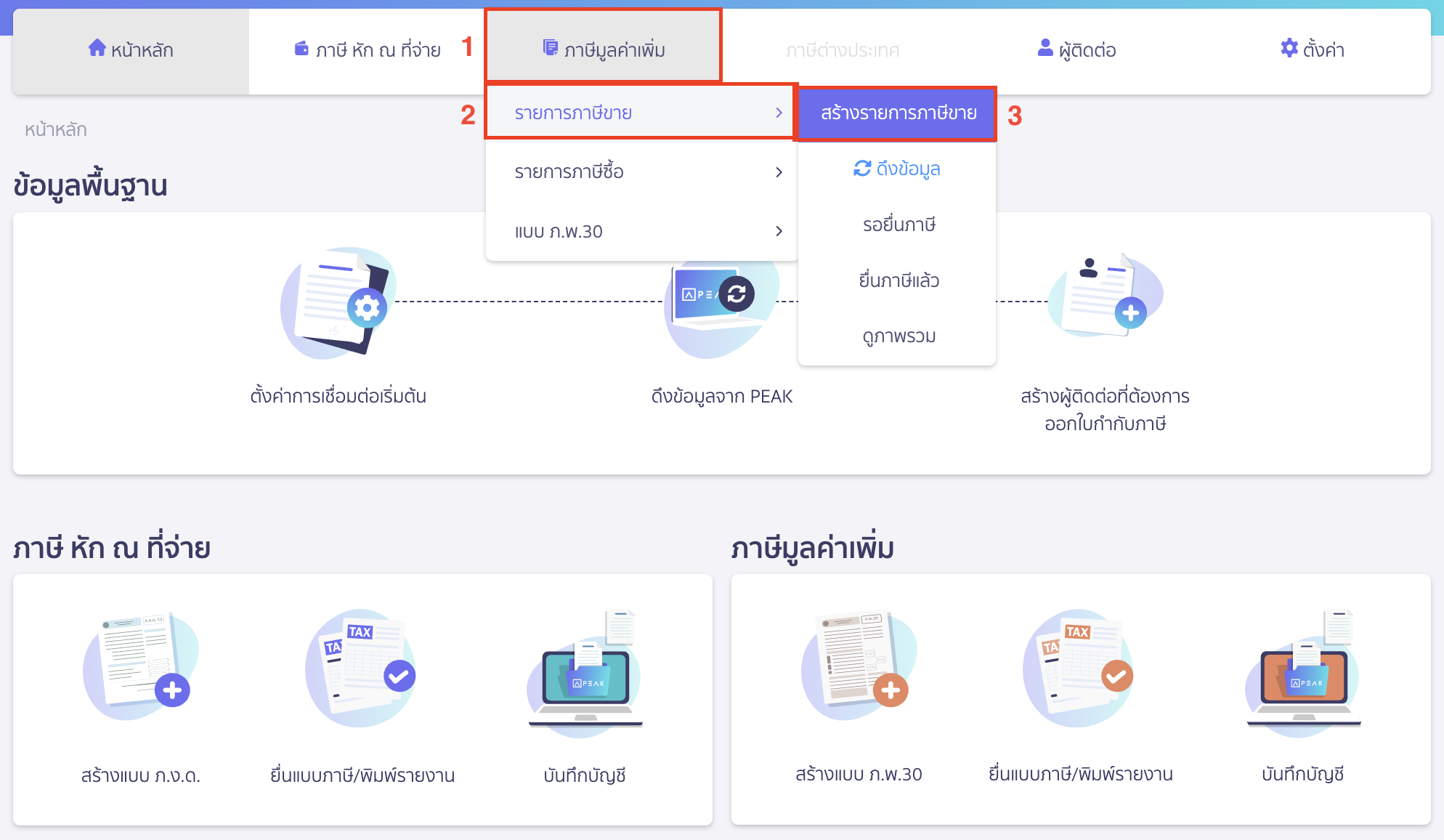 creating-sales-tax-invoice-data-peak-tax-1 สร้างข้อมูลใบกำกับภาษีขาย ไปที่เมนูภาษีมูลค่าเพิ่ม > เลือก รายการภาษีขาย > จากนั้นเลือก สร้างรายการภาษีขาย