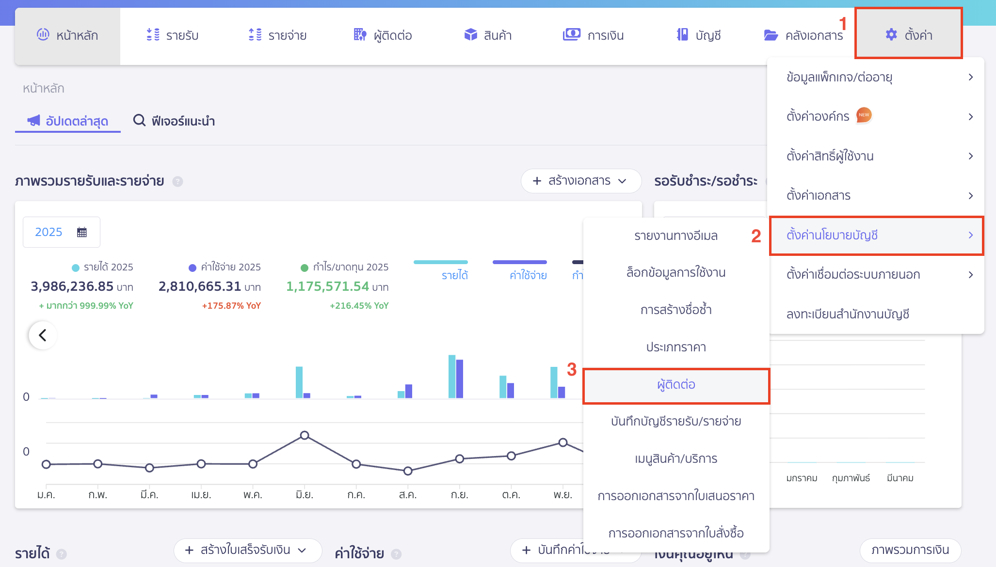 credit-limit-setting-1 ตั้งค่าวงเงินขายเชื่อ ไปที่เมนูตั้งค่า > ตั้งค่านโยบายบัญชี > ผู้ติดต่อ