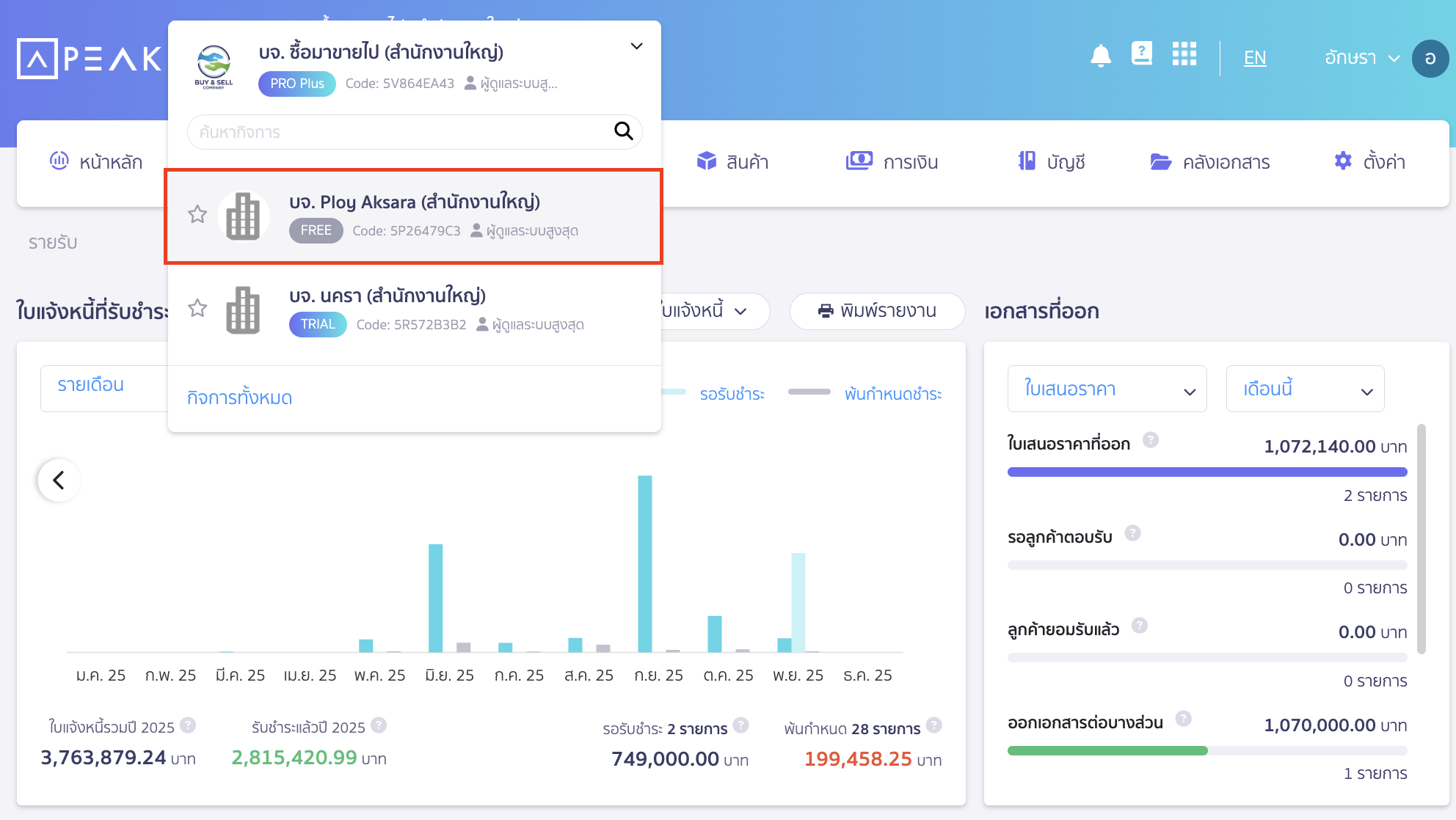 ลบกิจการ กดที่ชื่อกิจการที่ใช้อยู่ > เลือกกิจการที่ต้องการลบ