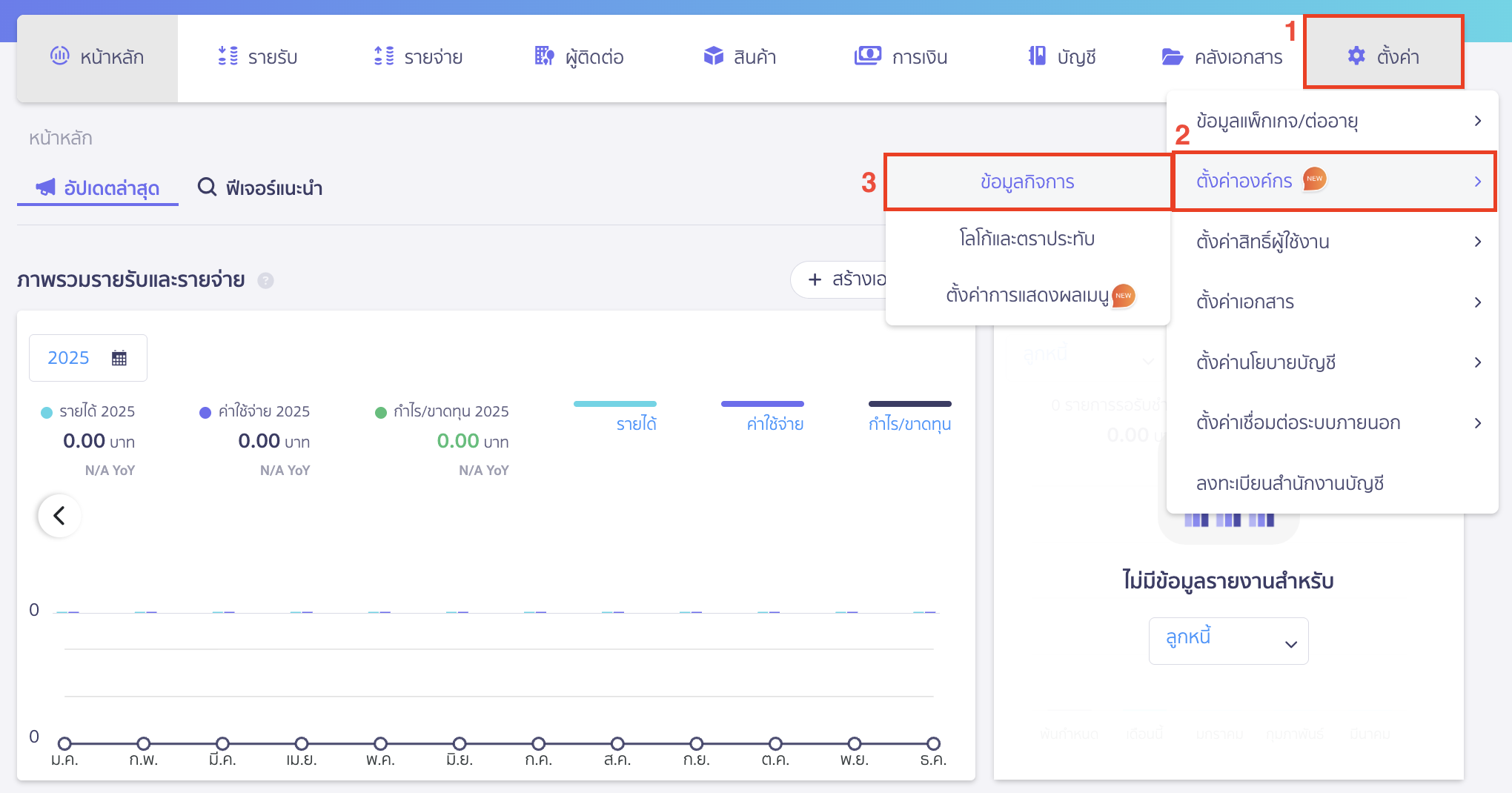 ลบกิจการ ไปที่เมนูตั้งค่า > ตั้งค่าองค์กร > ข้อมูลกิจการ