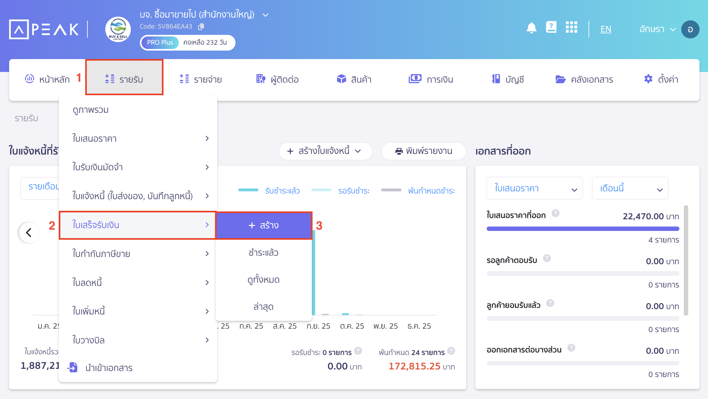 การบันทึกรับและคืนเงินมัดจำ ไปที่เมนูรายรับ > ใบเสร็จรับเงิน > สร้าง