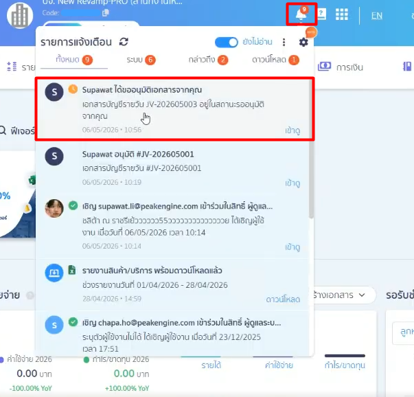 ส่งคำขออนุมัติผ่านการแจ้งเตือน (Notification) / ไม่ส่งผ่าน E-Mail: ช่องทางการแจ้งเตือน จะส่ง (Notification) ไปยัง กระดิ่ง ด้านบนของผู้อนุมัติโดยอัตโนมัติ