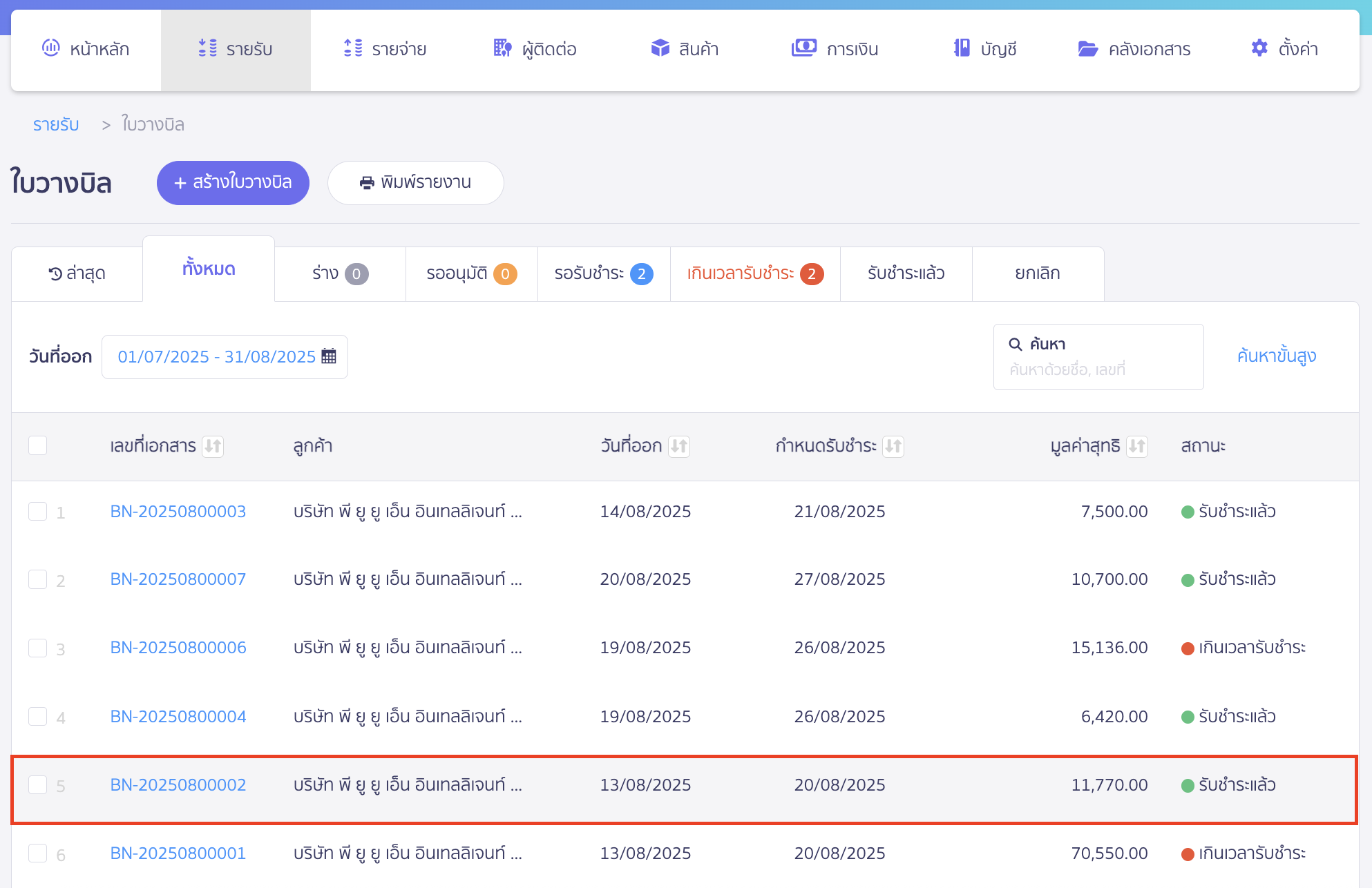 แก้ไขใบวางบิล กรณีรับเงินและออกใบเสร็จแล้ว เลือกเลขที่เอกสารใบวางบิลที่ต้องการยกเลิก